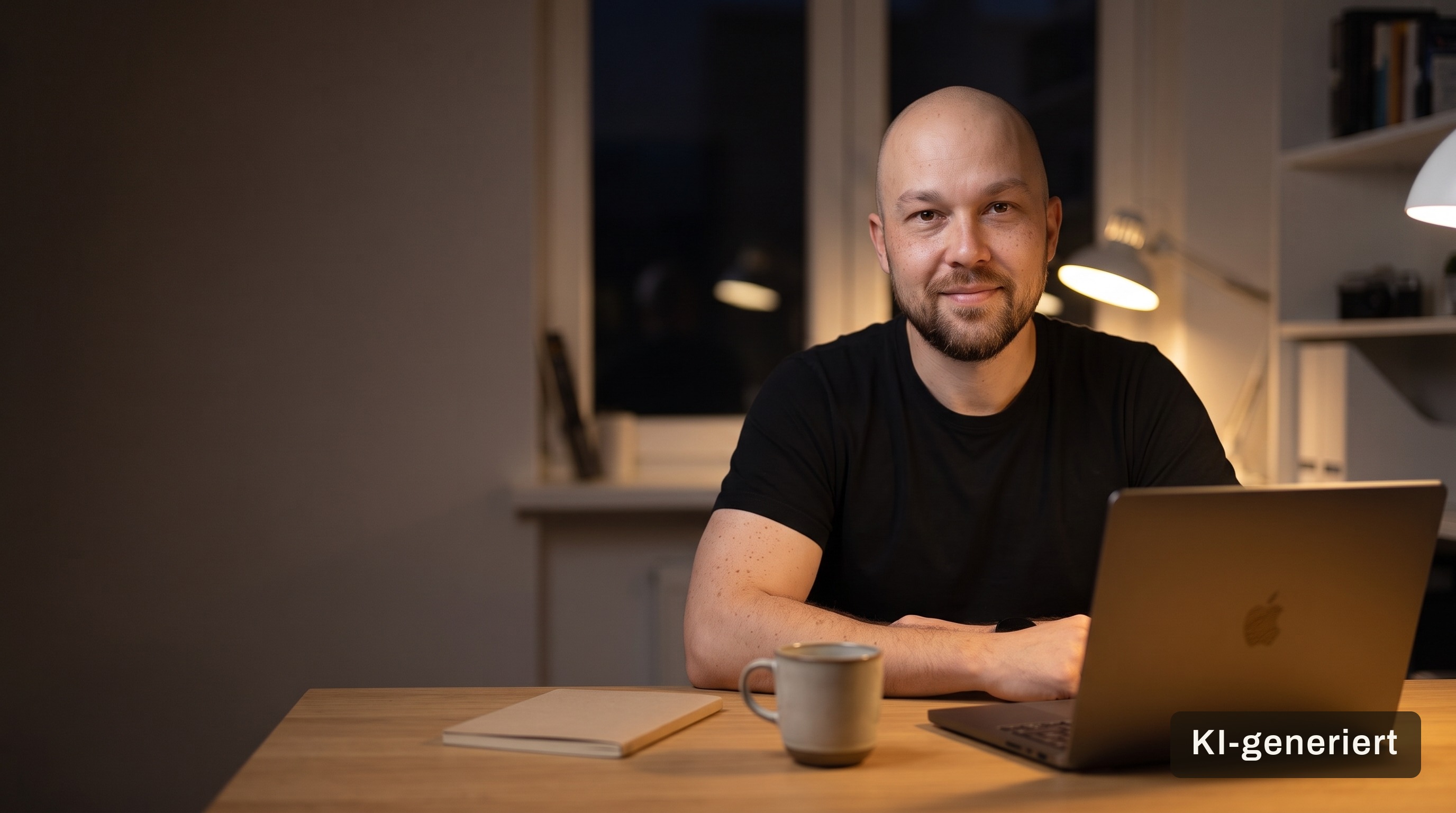 Stefan sitzt abends an einem aufgeräumten Holzschreibtisch in einem modernen, dunklen Arbeitszimmer, nur eine warme Tischlampe brennt, davor ein aufgeklapptes Laptop, eine Kaffeetasse und ein Notizbuch, er blickt ruhig und zuversichtlich lächelnd direkt in die Kamera, links viel dunkle, freie Bildfläche für eine Überschrift.