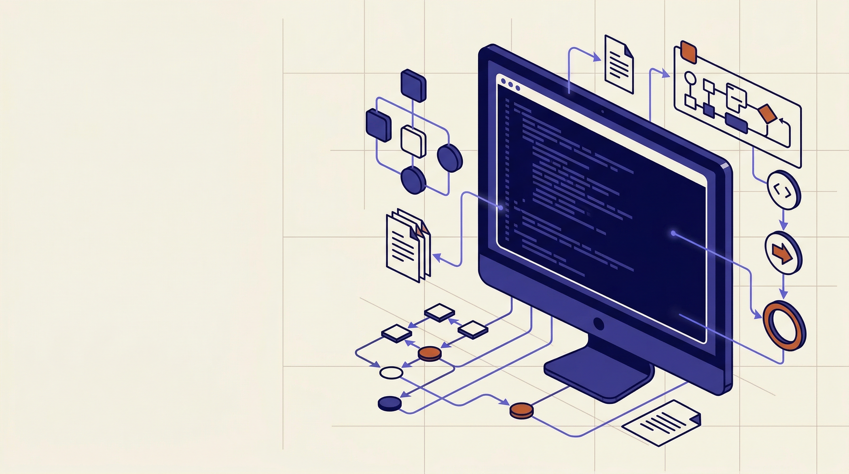 Moderner Arbeitsplatz mit Terminal-Monitor, aus dem abstrakte Business-Workflows und Automatisierungen fließen – Blueprint-Illustration im Neo-Brutalism-Stil
