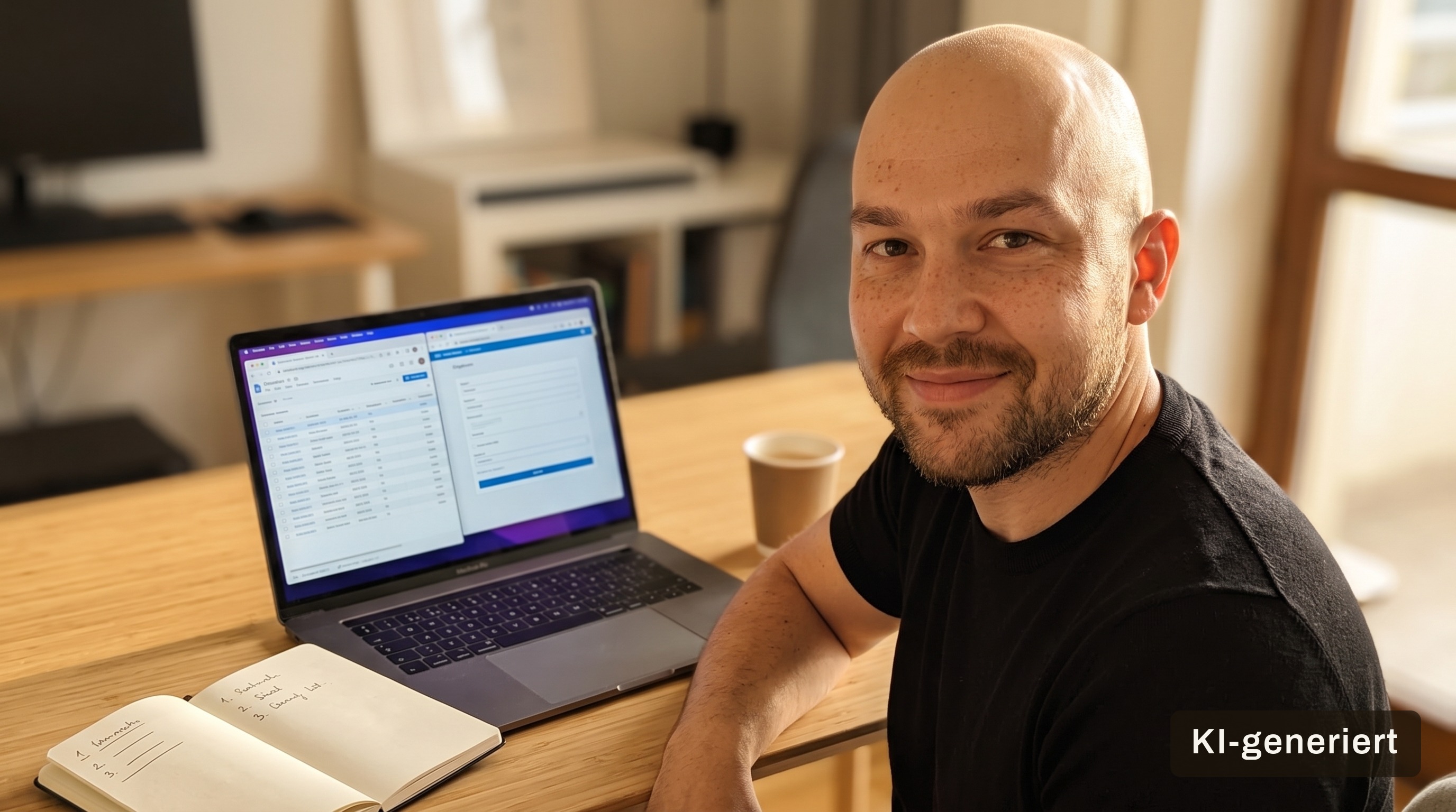 Stefan sitzt lächelnd an einem hellen Holzschreibtisch vor einem aufgeklappten Laptop, dessen Bildschirm zwei nebeneinander offene Fenster mit Formular- und Tabellendaten zeigt — Sinnbild für Daten, die von Hand zwischen Systemen wandern. Daneben ein aufgeschlagenes Notizbuch mit einer handschriftlichen Dreier-Liste und eine Kaffeetasse, im Hintergrund ein aufgeräumtes, modernes Arbeitszimmer in warmem Fensterlicht.