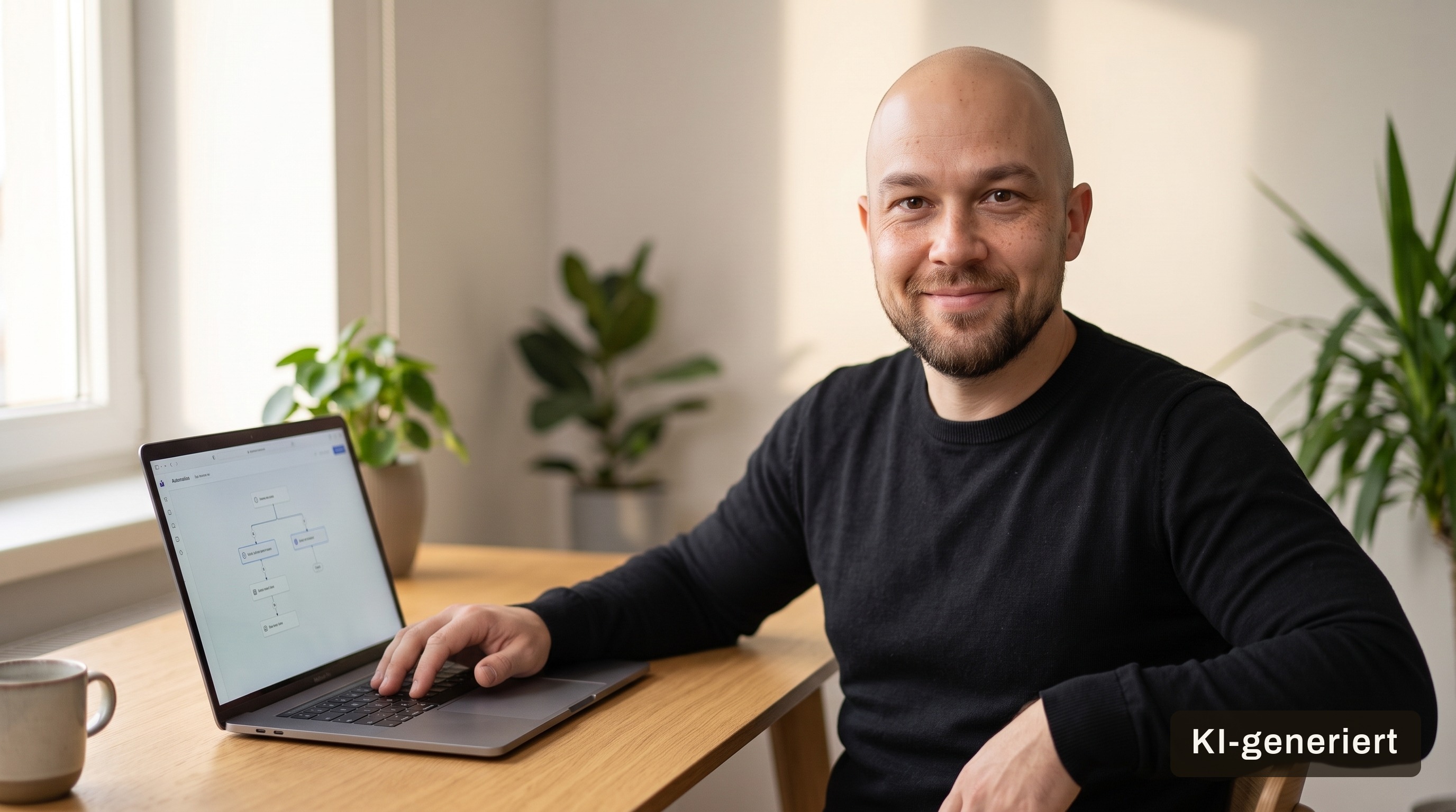 Stefan sitzt an einem aufgeräumten hellen Holzschreibtisch, lächelt zuversichtlich mit geschlossenen Lippen direkt in die Kamera, eine Hand auf der Tastatur eines geöffneten Laptops mit einem schlichten Automatisierungs-Workflow auf dem Bildschirm. Warmes Fensterlicht, Grünpflanzen und eine Kaffeetasse im unscharfen Hintergrund.