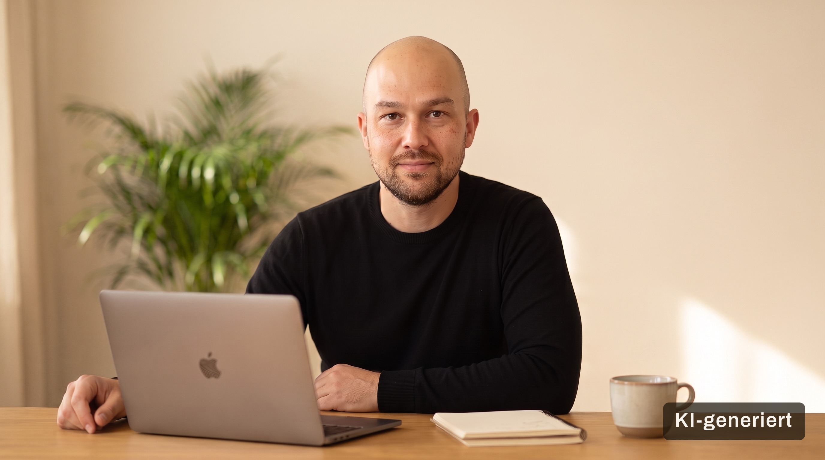Stefan sitzt entspannt an einem hellen Holzschreibtisch vor einem aufgeklappten Laptop, direkter Blick in die Kamera mit ruhigem Lächeln, daneben ein Notizbuch und eine Kaffeetasse. Warmes seitliches Fensterlicht, im unscharfen Hintergrund eine schlichte cremefarbene Wand mit einer Grünpflanze — viel freier Raum rechts für die Headline.