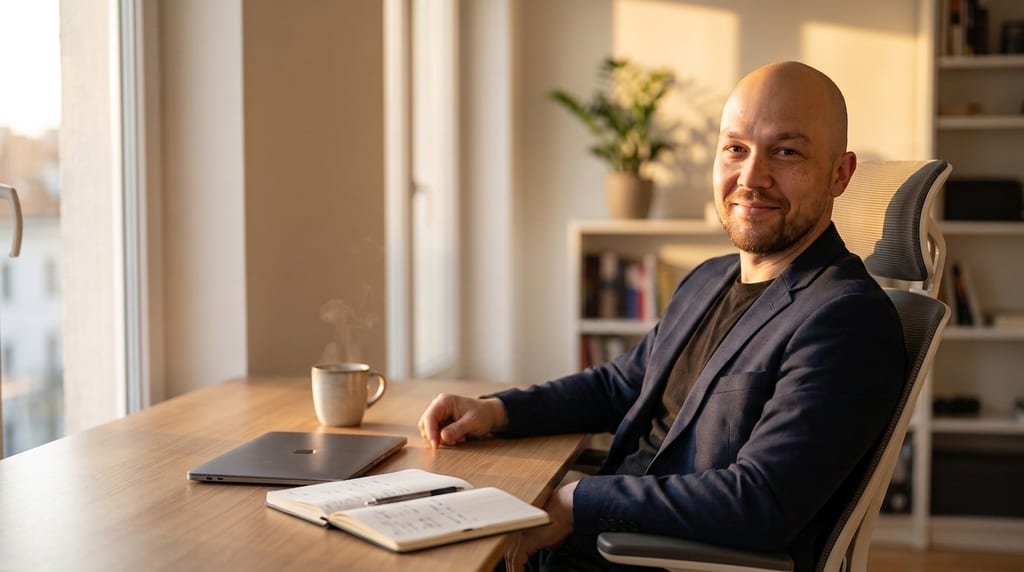 Ein Mann in schwarzem T-Shirt und dunkelblauem Sakko sitzt entspannt an einem hellen Holzschreibtisch in einem modernen, aufgeräumten Arbeitszimmer. Warmes goldenes Abendlicht fällt seitlich durchs Fenster, der Laptop ist bereits zugeklappt, daneben liegen ein aufgeschlagenes Notizbuch und eine dampfende Kaffeetasse. Er blickt lächelnd direkt in die Kamera, sichtlich erleichtert. Die linke Bildhälfte bleibt ruhig und luftig frei.